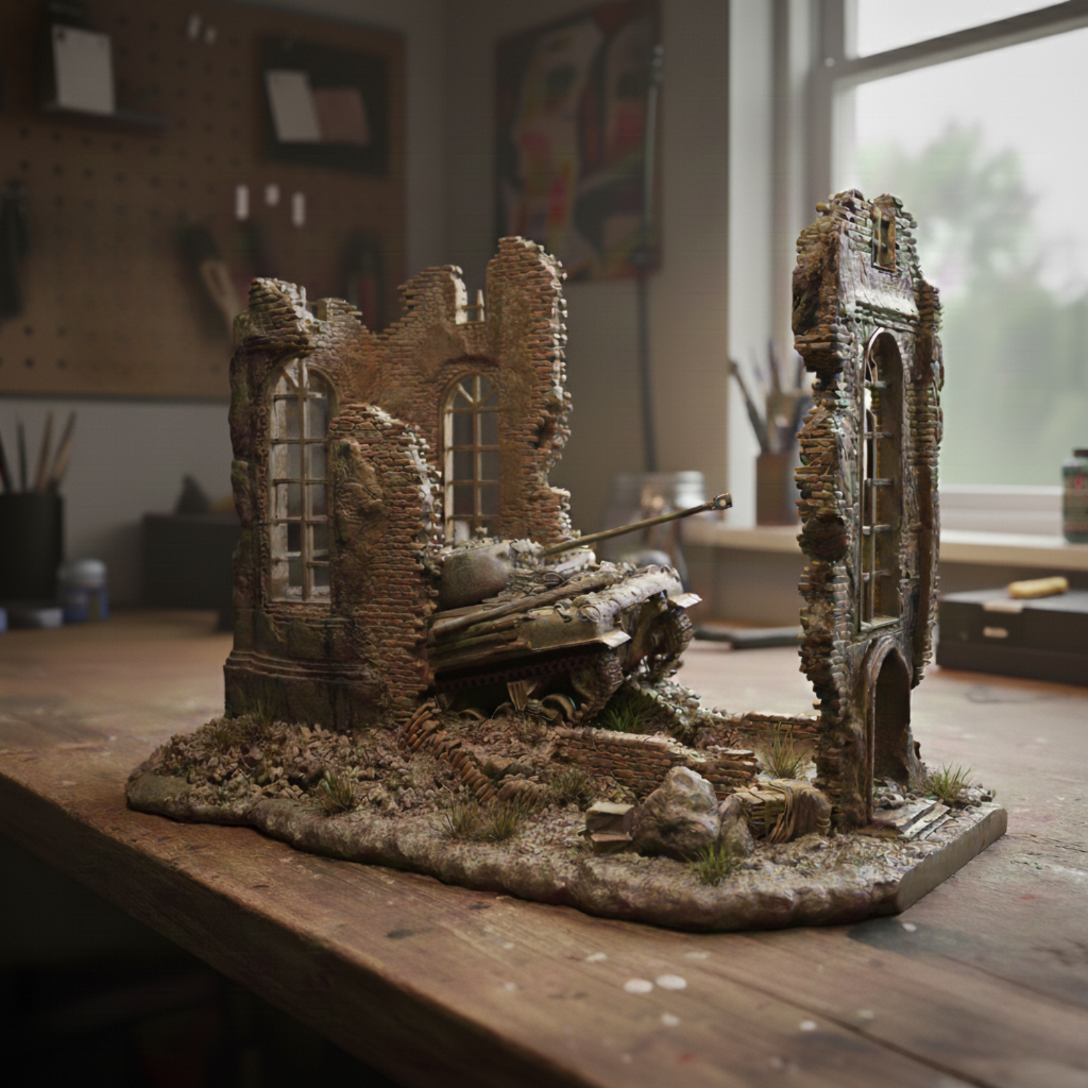 1/35 Resin Sherman Tank Abandoned Church Scene Model Kit | Self-Assembled Military Diorama