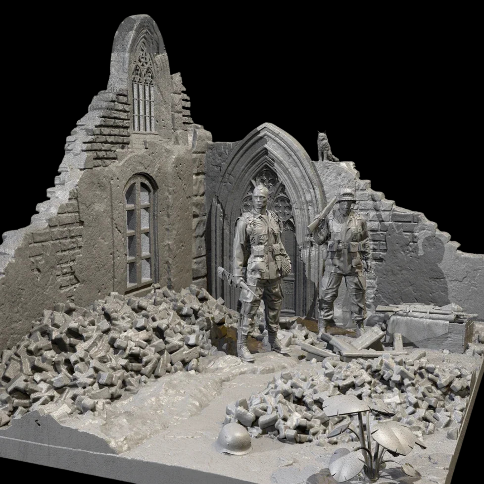 1/35 Scale Normany church 1944 Scene | 2 Soldiers + building | Self-Assembled Model Kit