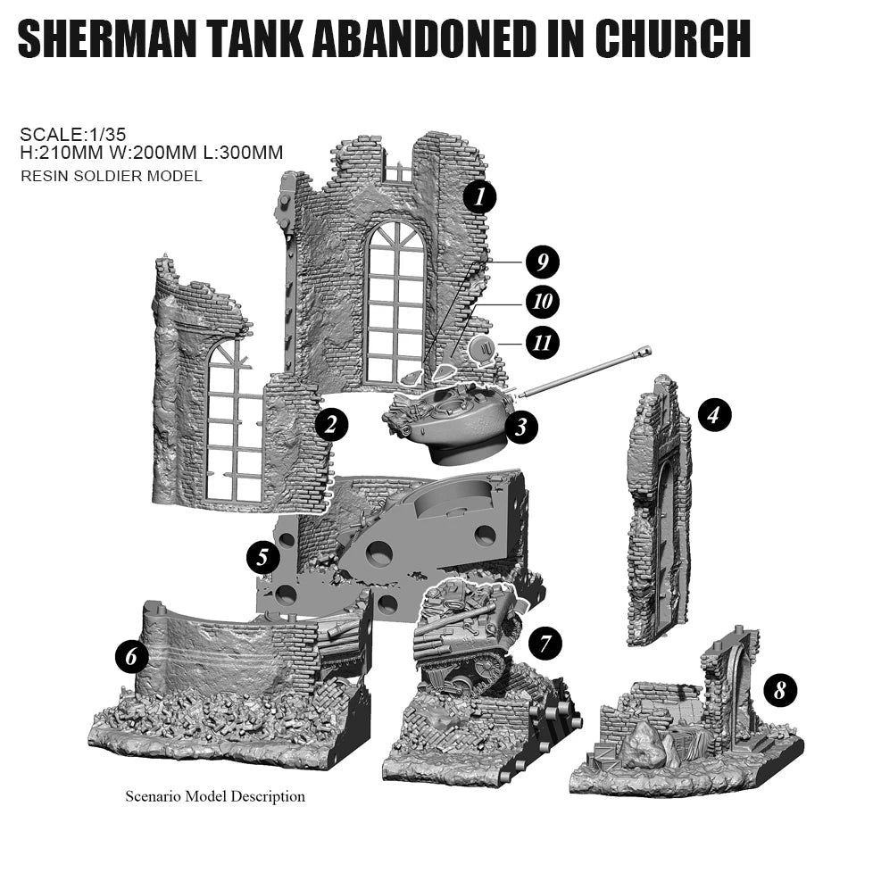 1/35 Resin Sherman Tank Abandoned Church Scene Model Kit | Self-Assembled Military Diorama