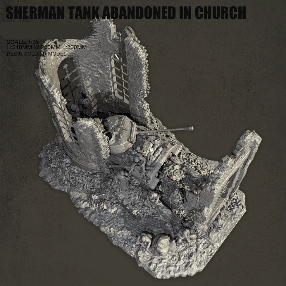 1/35 Resin Sherman Tank Abandoned Church Scene Model Kit | Self-Assembled Military Diorama - R Supply Store