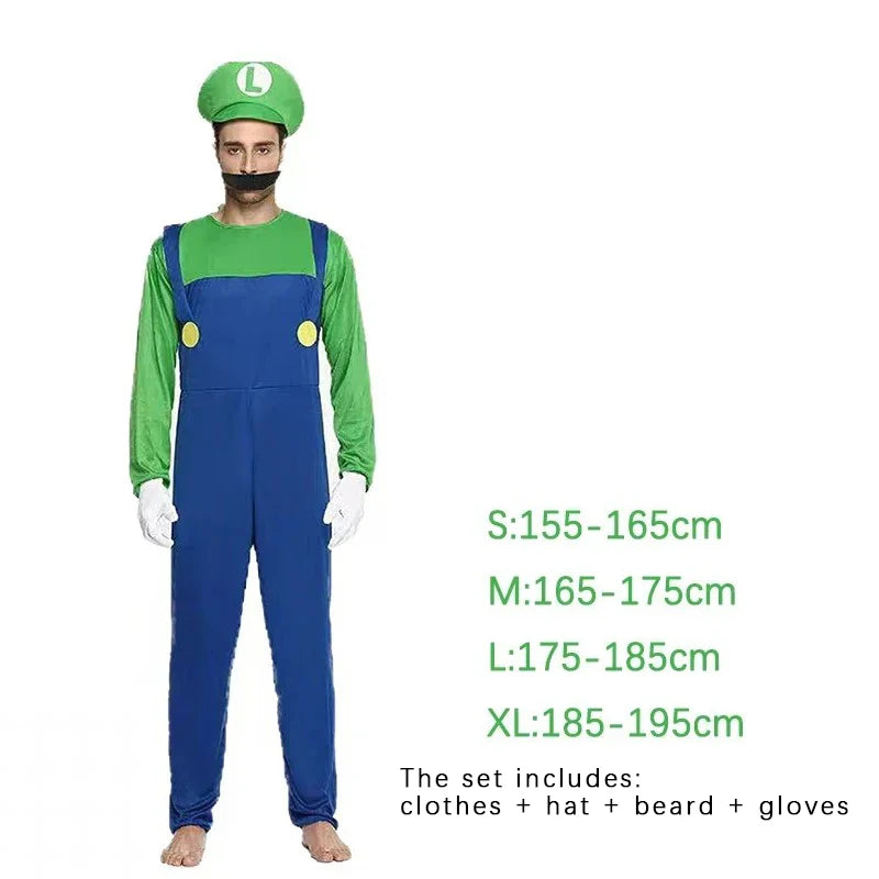 Super Mario & Luigi Cosplay Costume Set Adult Jumpsuit Outfit Men Women Halloween Dress Up