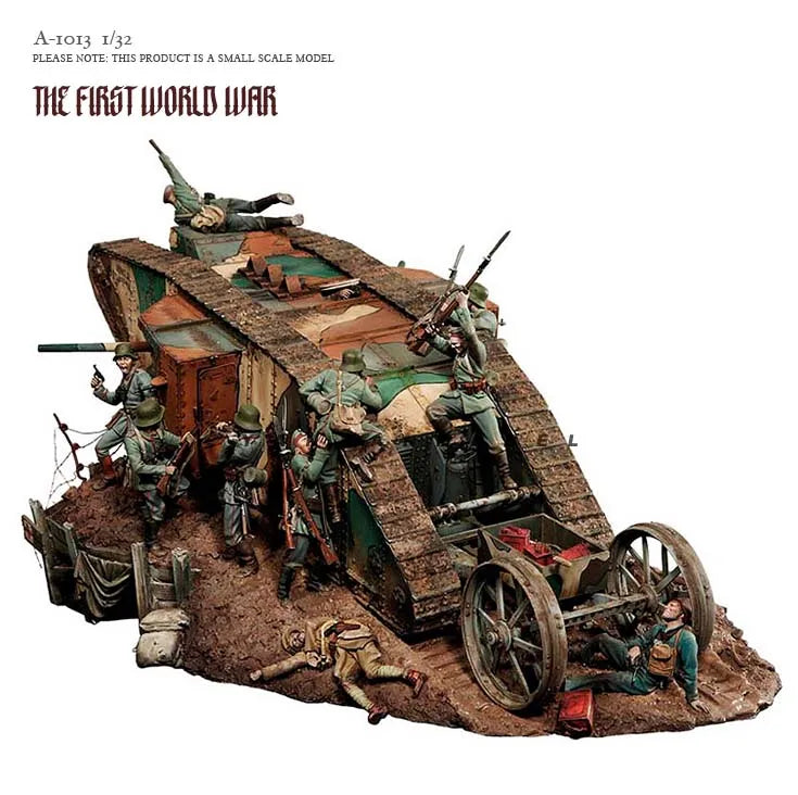 1/32 Scale WWI British Mark IV Tank Diorama Resin Model Kit (10 Soldiers + Tank + Platform) DIY Assembly Set