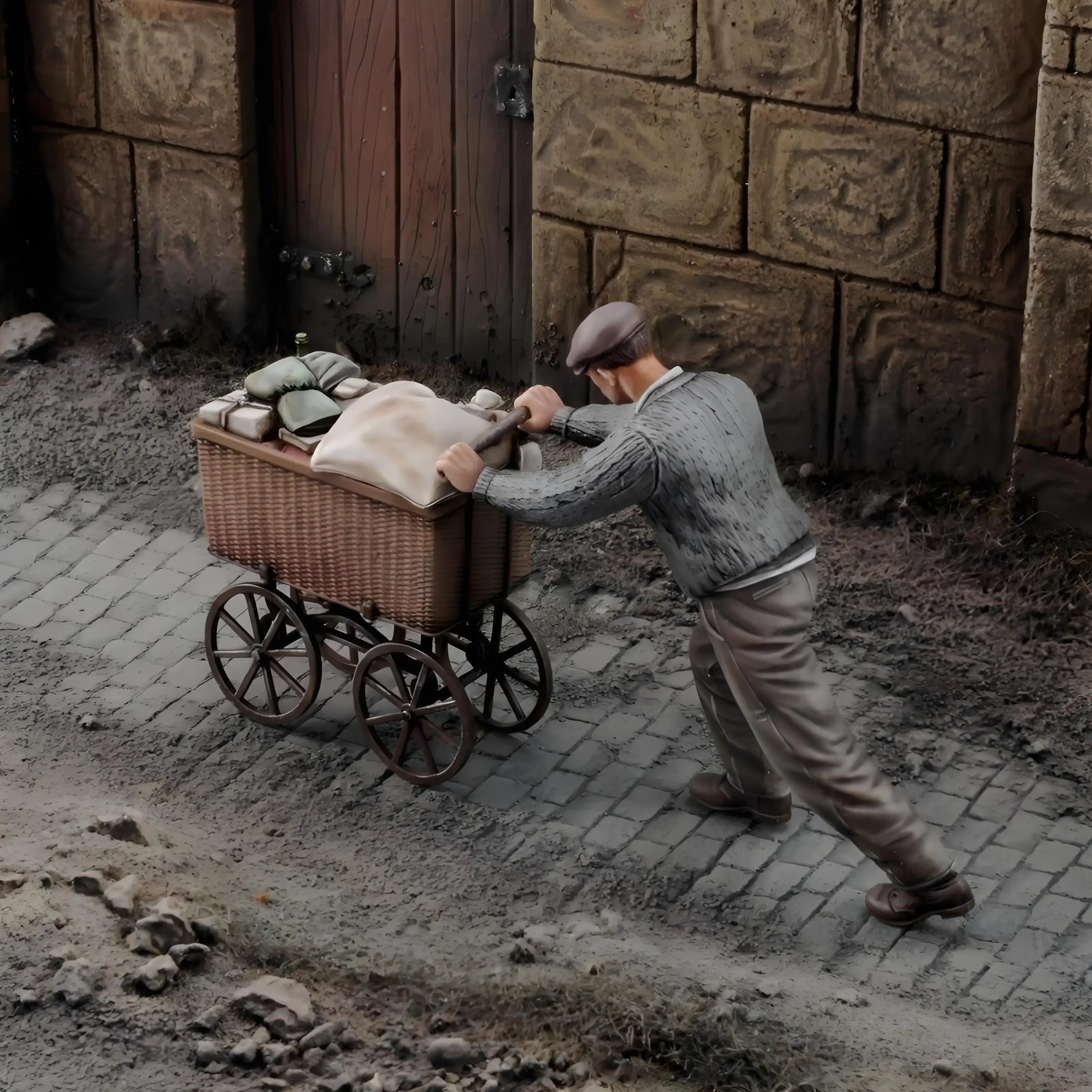 1/35 Scale WWII Soldier with Property Cart - Resin Model Kit Evacuation Scene Unassembled Unpainted