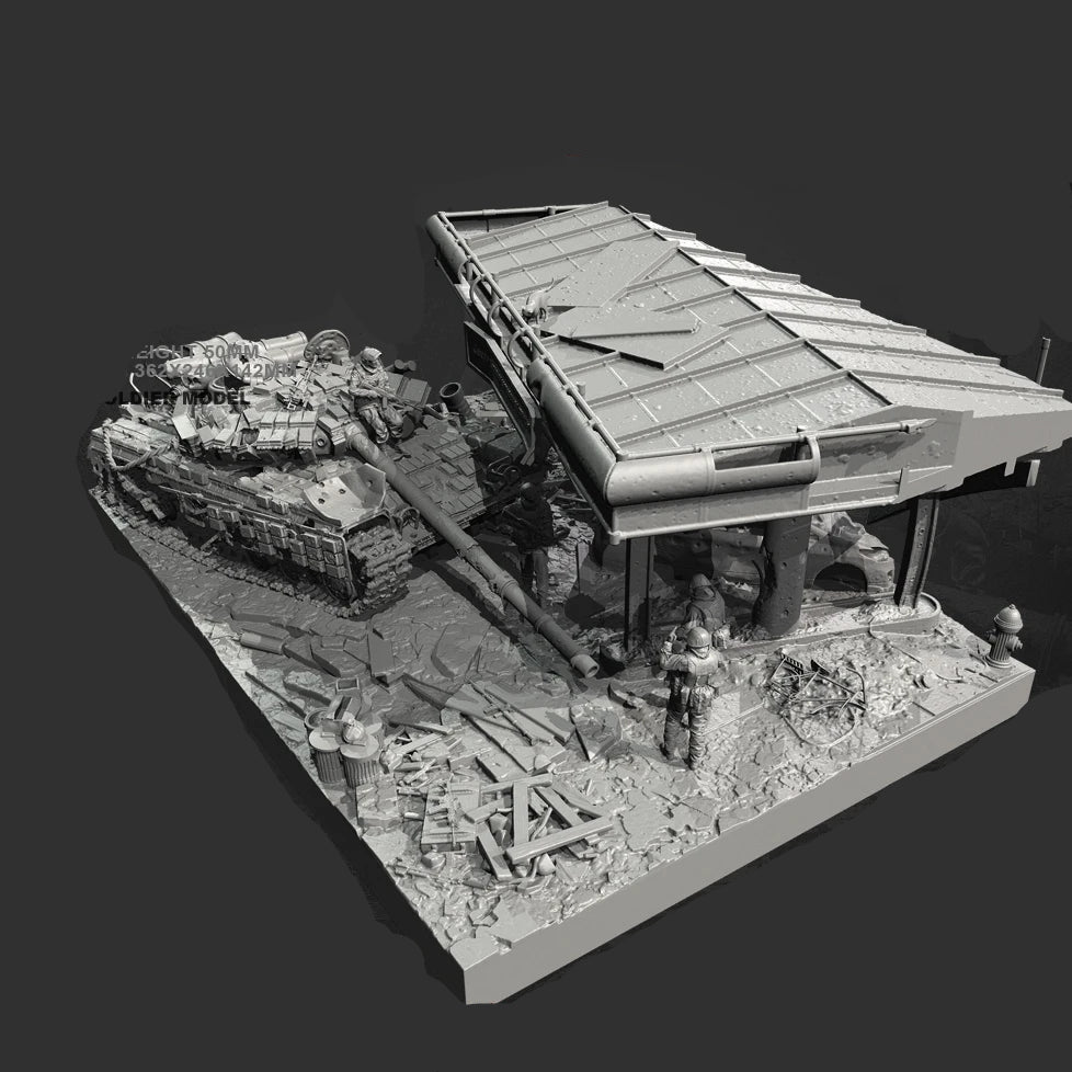 1/35 Scale Ultimate Urban Combat Diorama Kit - Ruined Gas Station & Tank Wreckage w/ 4 Figures