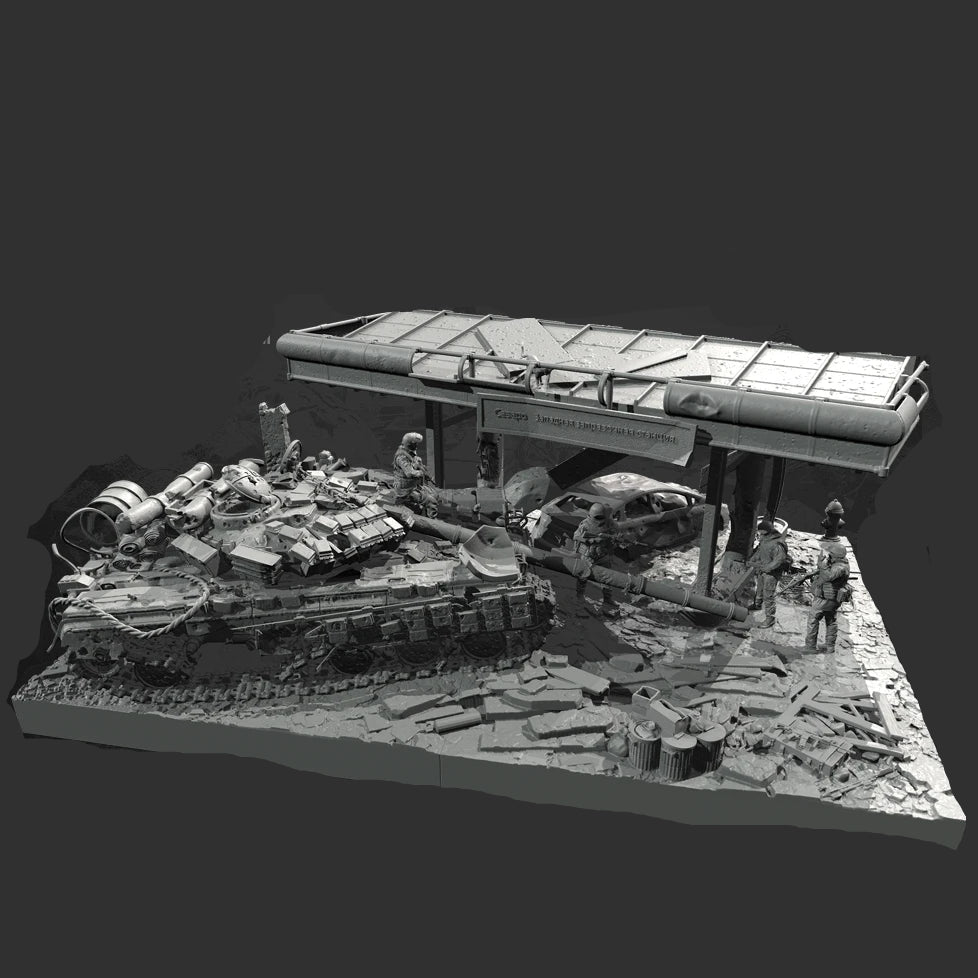 1/35 Scale Ultimate Urban Combat Diorama Kit - Ruined Gas Station & Tank Wreckage w/ 4 Figures