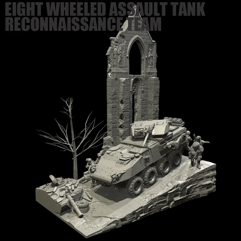 1/35 Scale Resin Soldier Figure Scene | 8-Wheeled Armored Car Diorama (5 Soldiers + Platform) | Self-Assembled Model Kit - R Supply Store