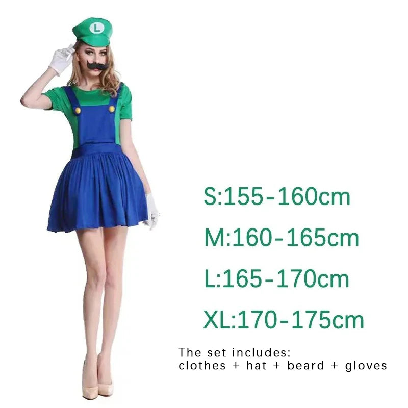 Super Mario & Luigi Cosplay Costume Set Adult Jumpsuit Outfit Men Women Halloween Dress Up