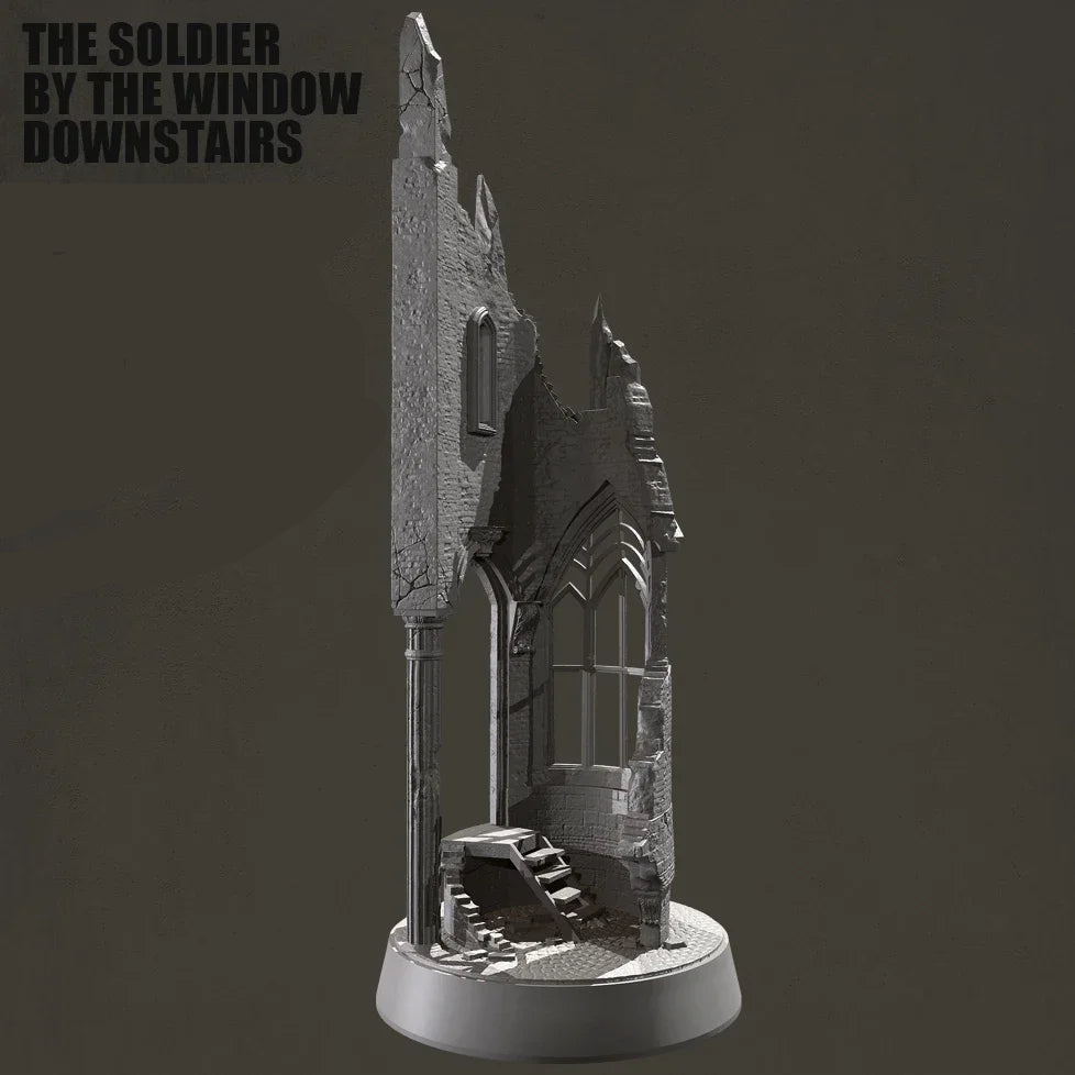 1/35 Scale Ruined Gothic Building Corner Diorama Base - Urban Warfare Terrain Model