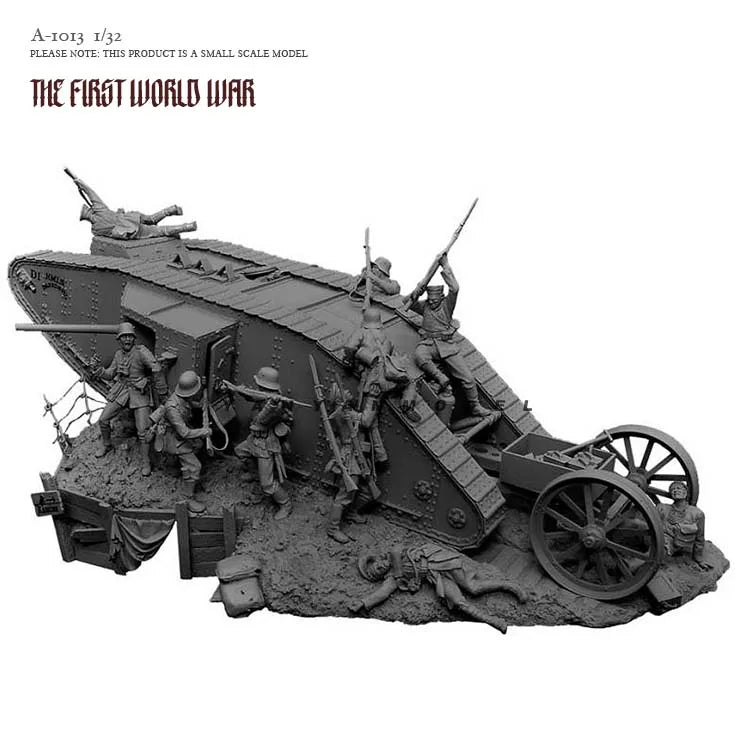 1/32 Scale WWI British Mark IV Tank Diorama Resin Model Kit (10 Soldiers + Tank + Platform) DIY Assembly Set