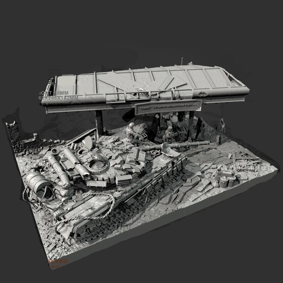 1/35 Scale Ultimate Urban Combat Diorama Kit - Ruined Gas Station & Tank Wreckage w/ 4 Figures