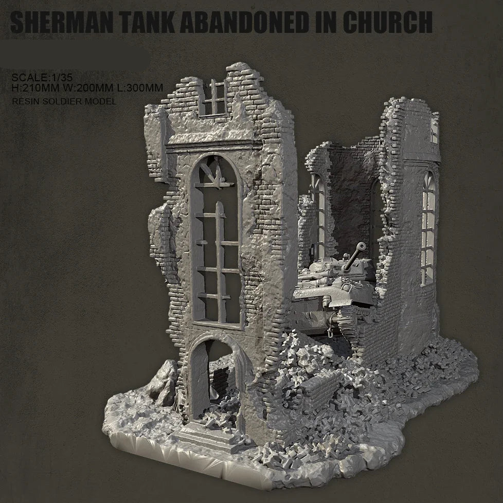 1/35 Resin Sherman Tank Abandoned Church Scene Model Kit | Self-Assembled Military Diorama - R Supply Store