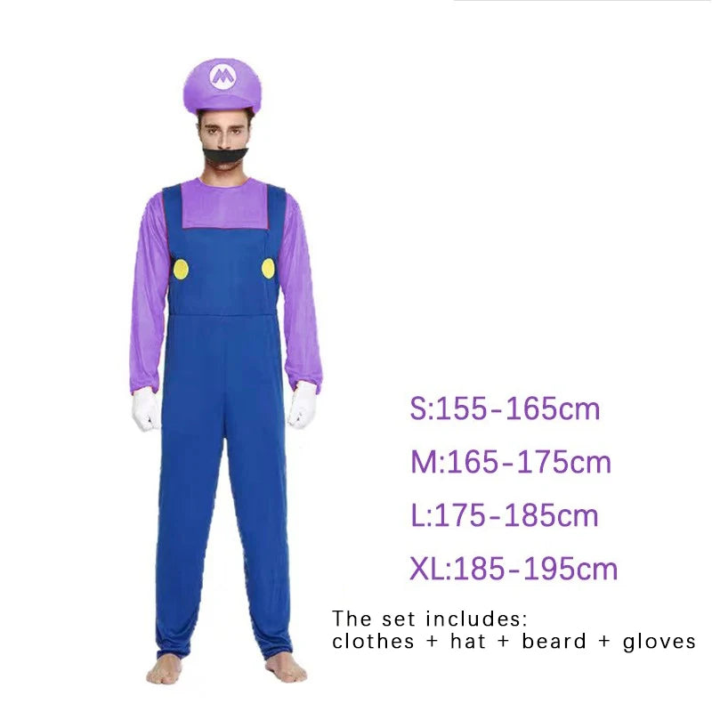 Super Mario & Luigi Cosplay Costume Set Adult Jumpsuit Outfit Men Women Halloween Dress Up