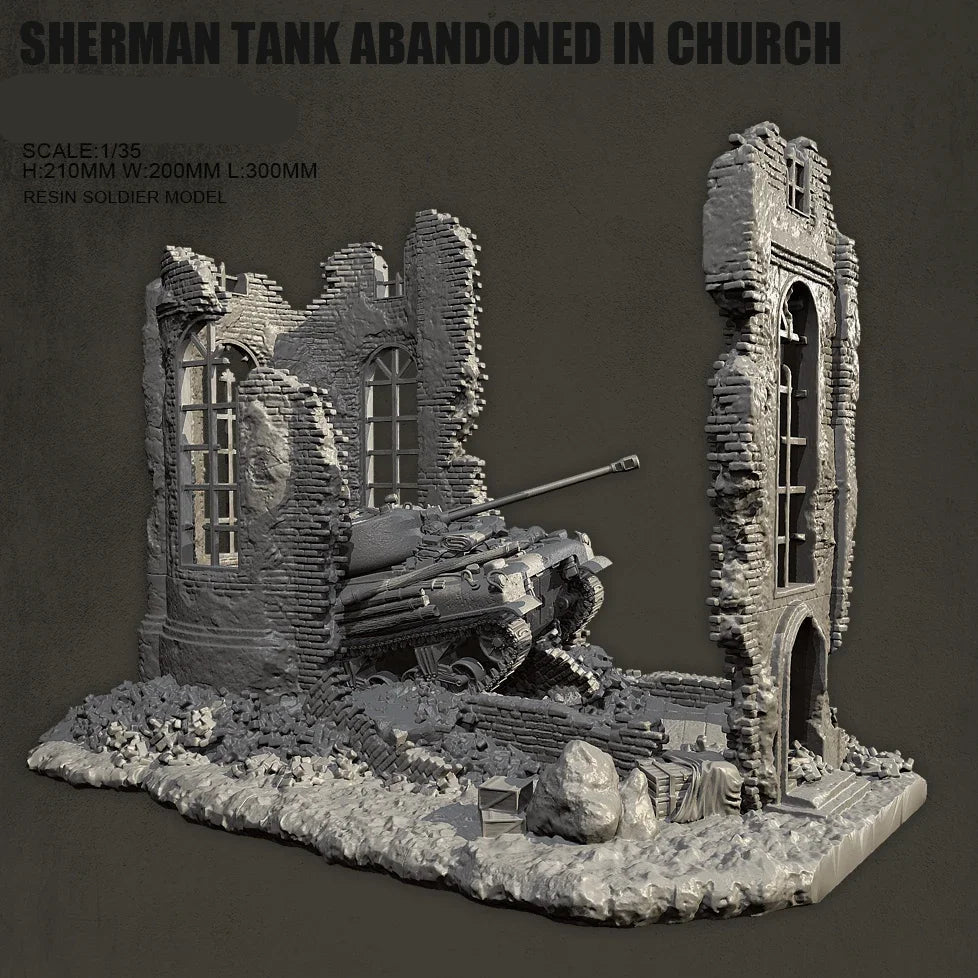 1/35 Resin Sherman Tank Abandoned Church Scene Model Kit | Self-Assembled Military Diorama - R Supply Store