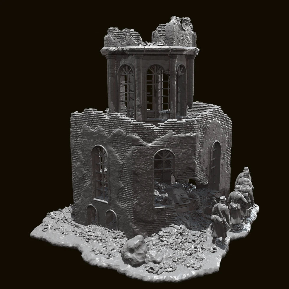1/35 Scale WWII Winter Squad (x5) and Ruined European Church Diorama Set - Battle Scene Kit