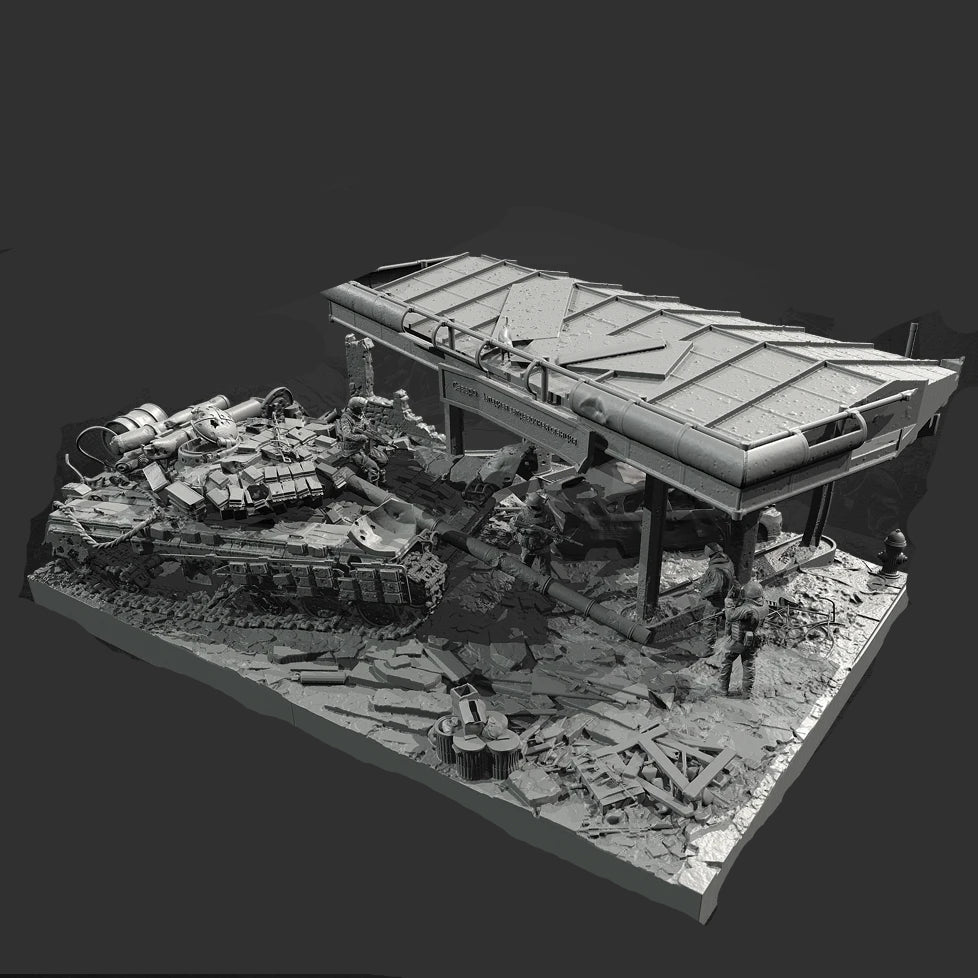 1/35 Scale Ultimate Urban Combat Diorama Kit - Ruined Gas Station & Tank Wreckage w/ 4 Figures