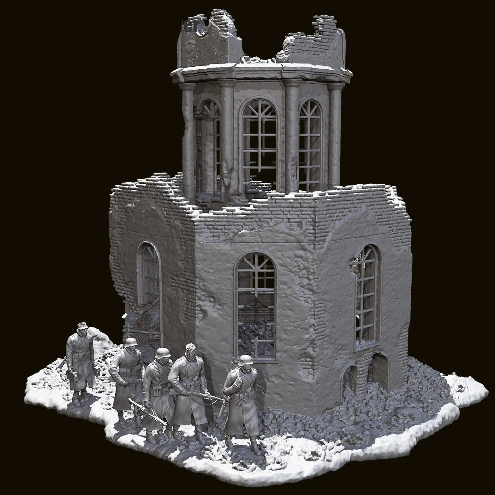 1/35 Scale WWII Winter Squad (x5) and Ruined European Church Diorama Set - Battle Scene Kit