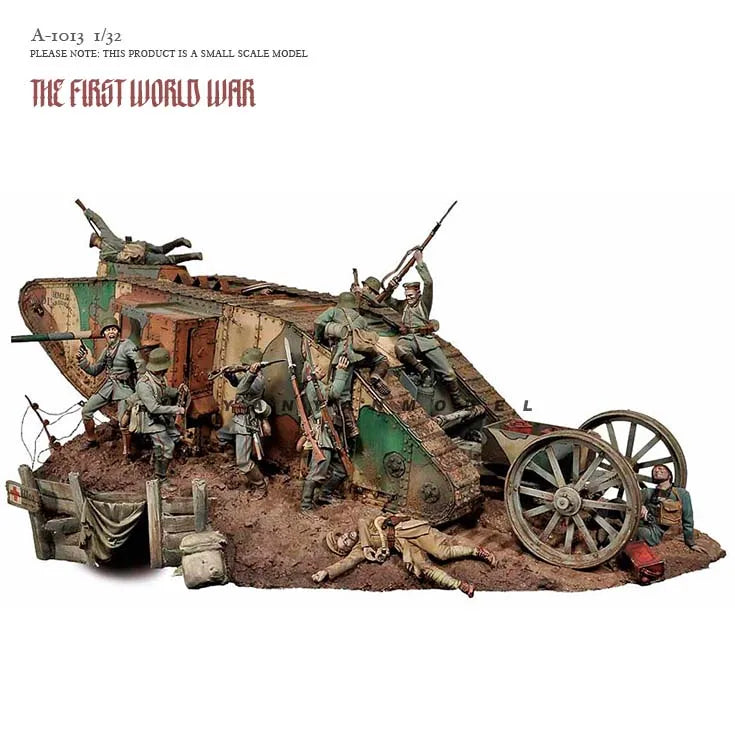 1/32 Scale WWI British Mark IV Tank Diorama Resin Model Kit (10 Soldiers + Tank + Platform) DIY Assembly Set