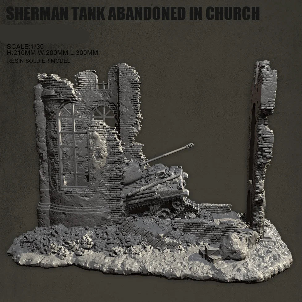 1/35 Resin Sherman Tank Abandoned Church Scene Model Kit | Self-Assembled Military Diorama - R Supply Store
