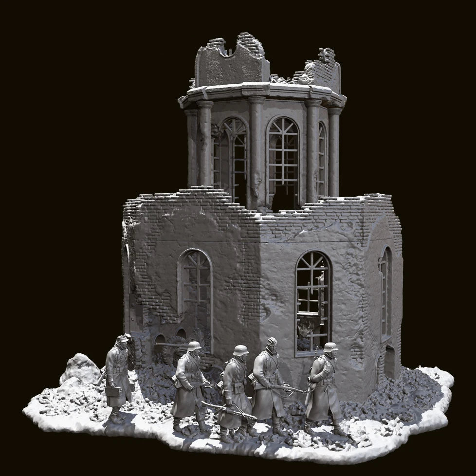 1/35 Scale WWII Winter Squad (x5) and Ruined European Church Diorama Set - Battle Scene Kit