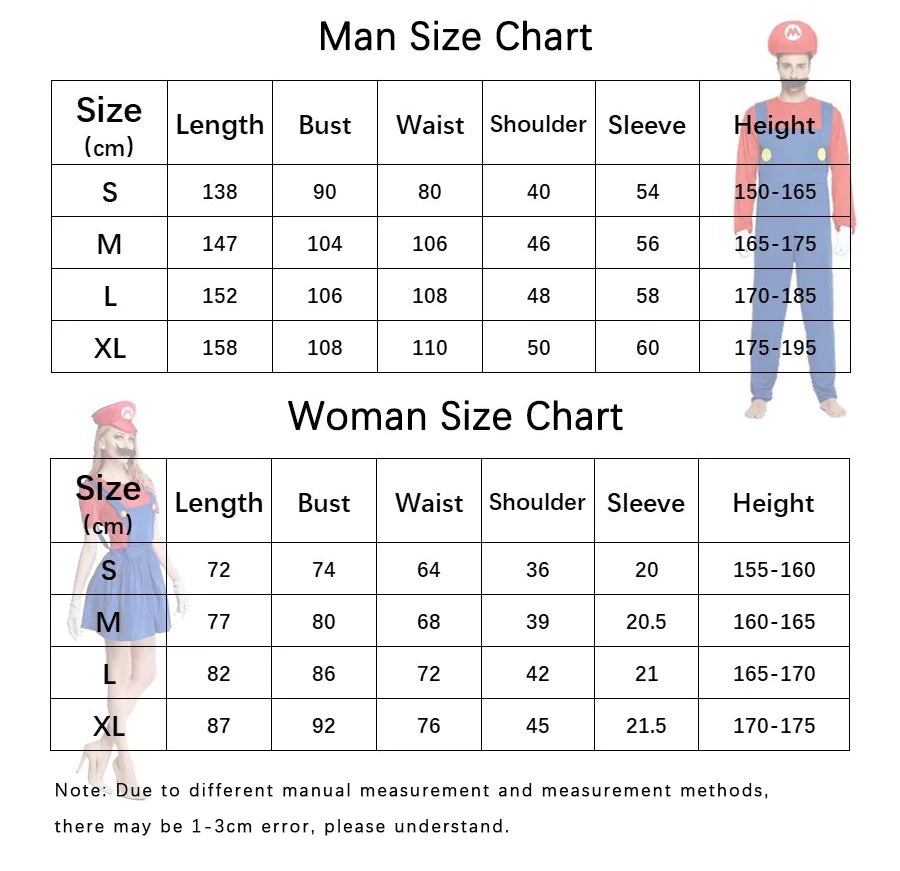 Super Mario & Luigi Cosplay Costume Set Adult Jumpsuit Outfit Men Women Halloween Dress Up