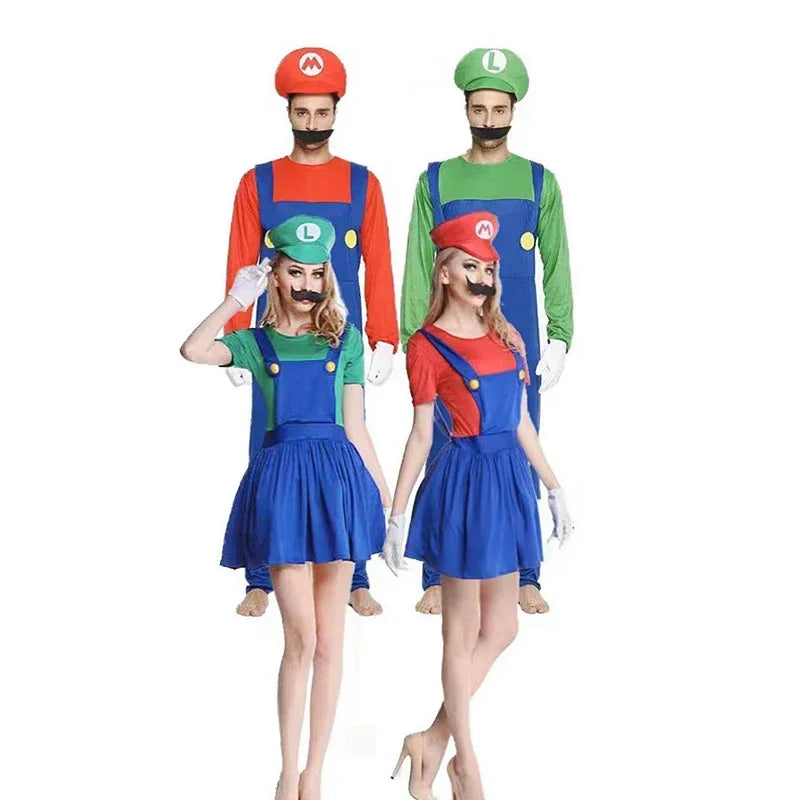 Super Mario & Luigi Cosplay Costume Set Adult Jumpsuit Outfit Men Women Halloween Dress Up