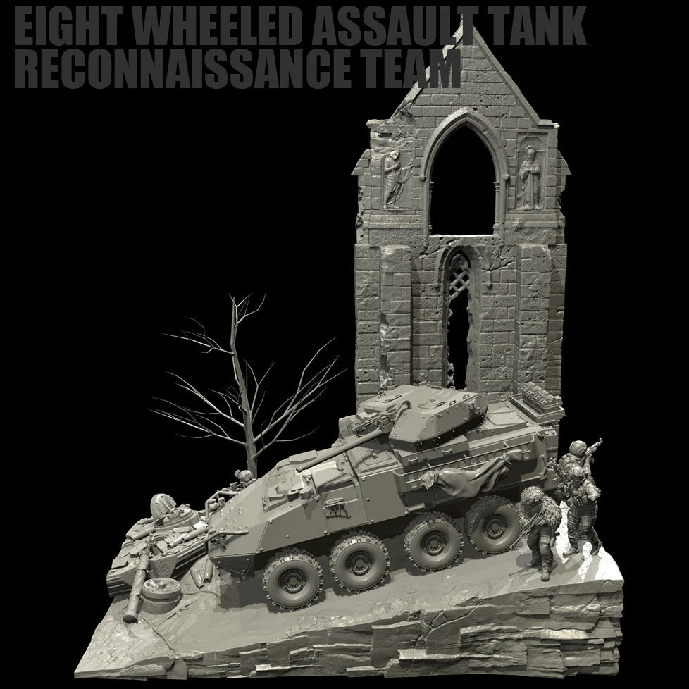 1/35 Scale Resin Soldier Figure Scene | 8-Wheeled Armored Car Diorama (5 Soldiers + Platform) | Self-Assembled Model Kit - R Supply Store