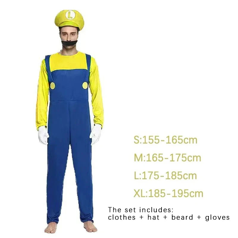 Super Mario & Luigi Cosplay Costume Set Adult Jumpsuit Outfit Men Women Halloween Dress Up