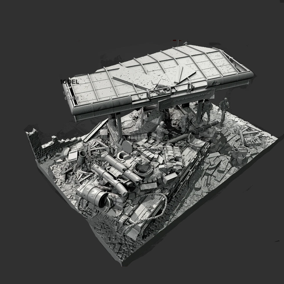 1/35 Scale Ultimate Urban Combat Diorama Kit - Ruined Gas Station & Tank Wreckage w/ 4 Figures