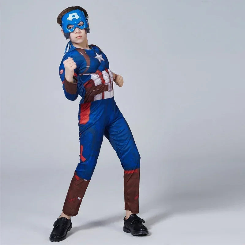 Captain America Muscle Costume Superhero Captain America Muscle Cosplay Jumpsuit Shield Halloween Carnival Party Costume for Kid