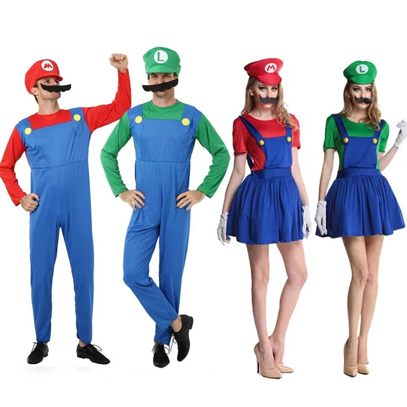 Super Mario & Luigi Cosplay Costume Set Adult Jumpsuit Outfit Men Women Halloween Dress Up