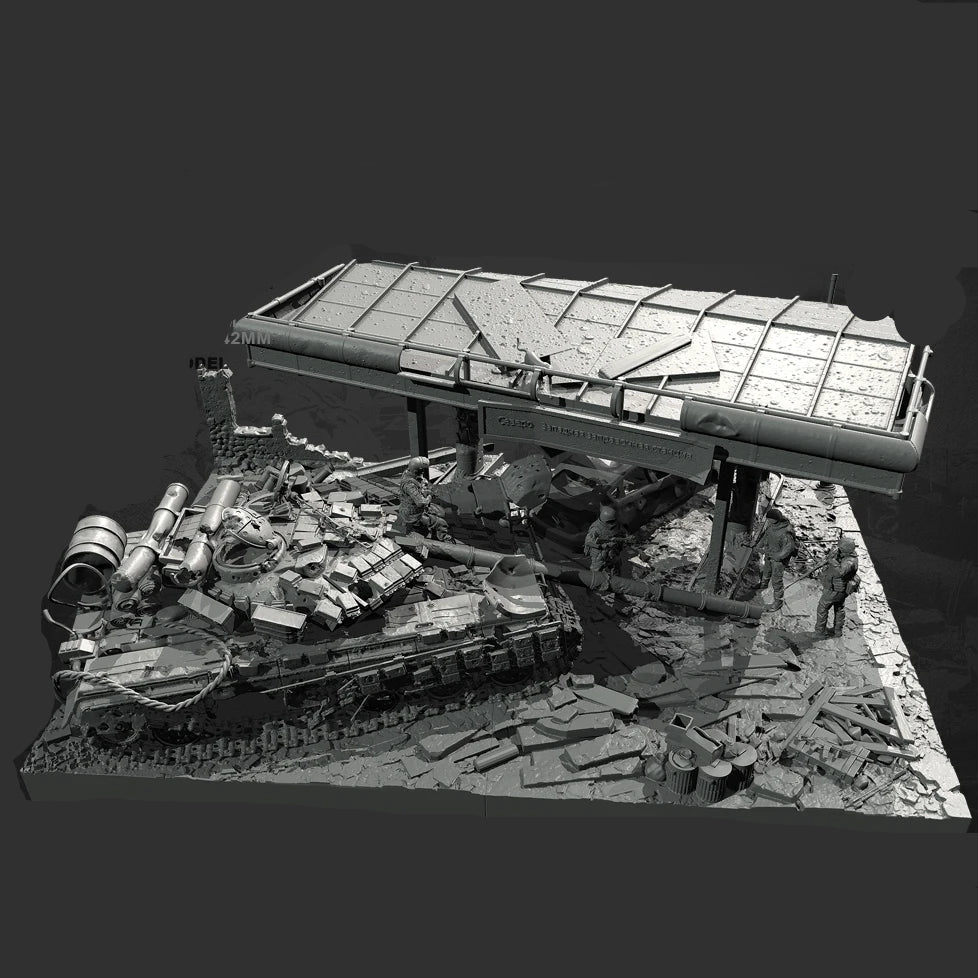 1/35 Scale Ultimate Urban Combat Diorama Kit - Ruined Gas Station & Tank Wreckage w/ 4 Figures