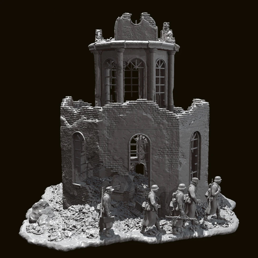 1/35 Scale WWII Winter Squad (x5) and Ruined European Church Diorama Set - Battle Scene Kit