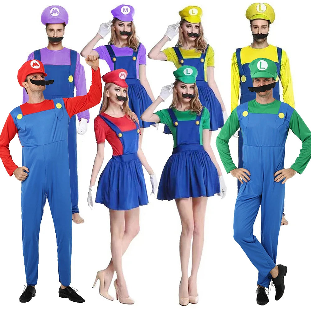 Super Mario & Luigi Cosplay Costume Set Adult Jumpsuit Outfit Men Women Halloween Dress Up