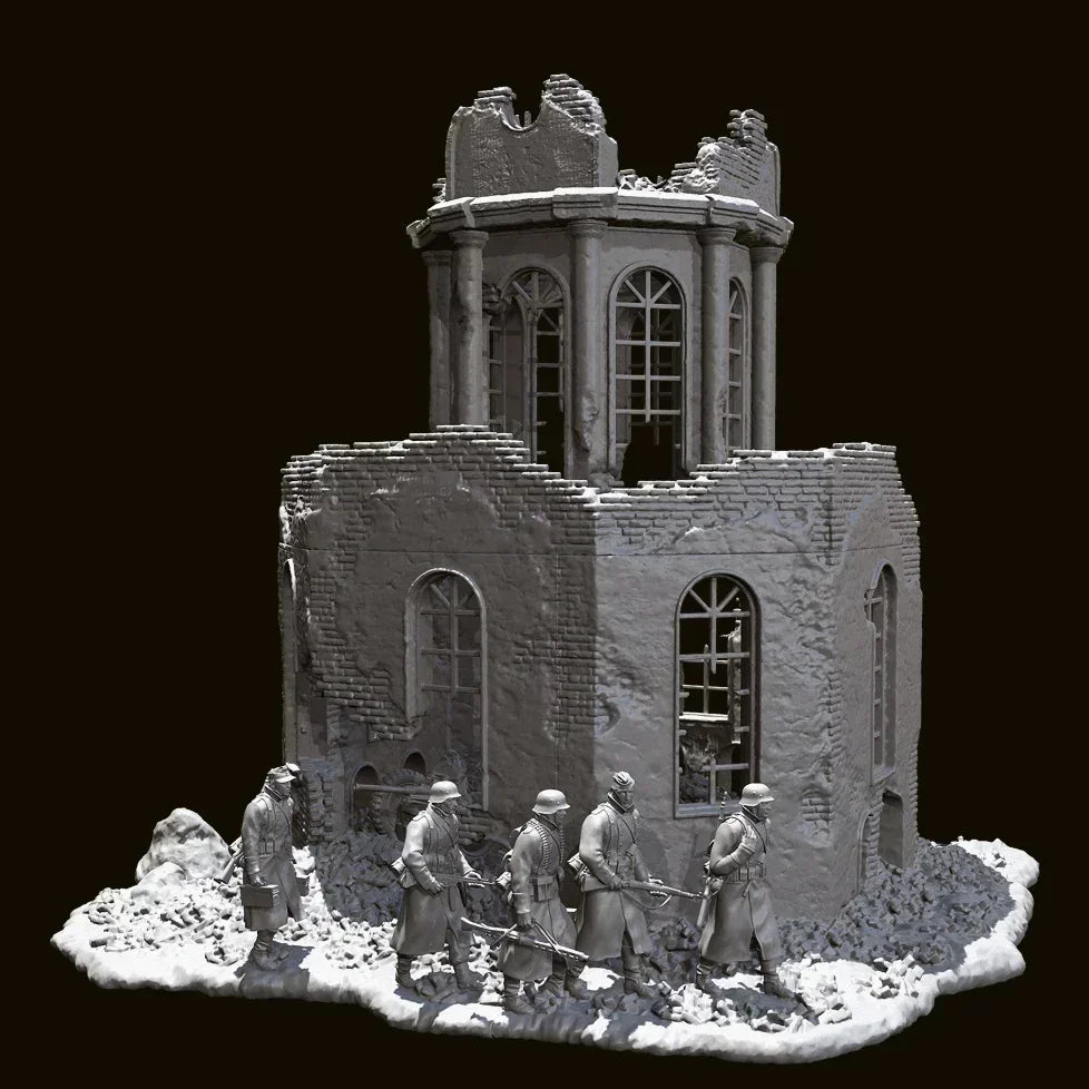1/35 Scale WWII Winter Squad (x5) and Ruined European Church Diorama Set - Battle Scene Kit