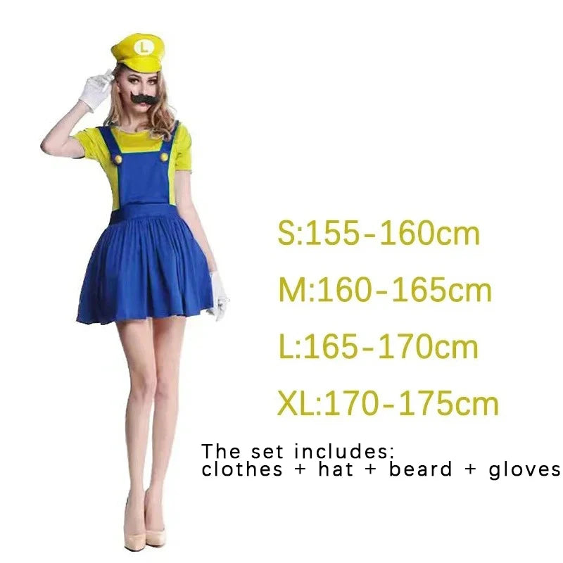 Super Mario & Luigi Cosplay Costume Set Adult Jumpsuit Outfit Men Women Halloween Dress Up