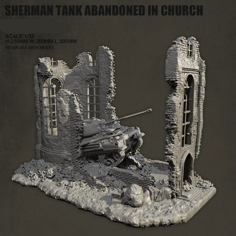 1/35 Resin Sherman Tank Abandoned Church Scene Model Kit | Self-Assembled Military Diorama - R Supply Store