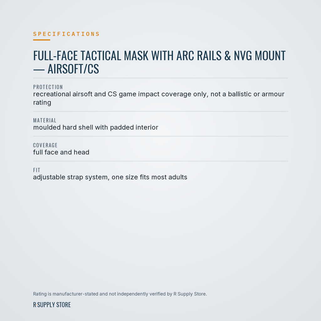 Full-Face Tactical Mask with ARC Rails & NVG Mount — Airsoft/CS specifications