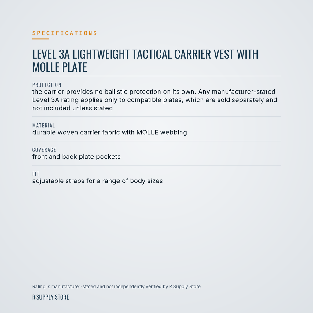 Level 3A Lightweight Tactical Carrier Vest with MOLLE Plate specifications