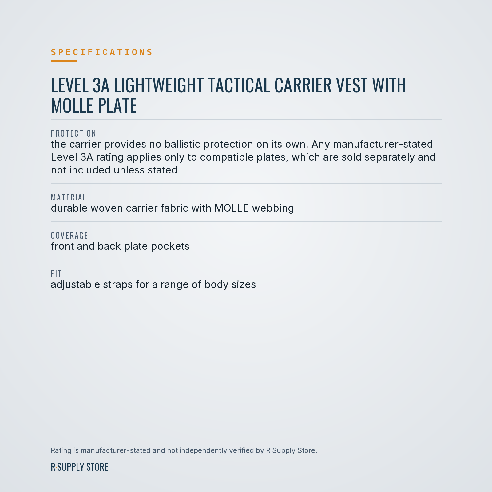 Level 3A Lightweight Tactical Carrier Vest with MOLLE Plate specifications