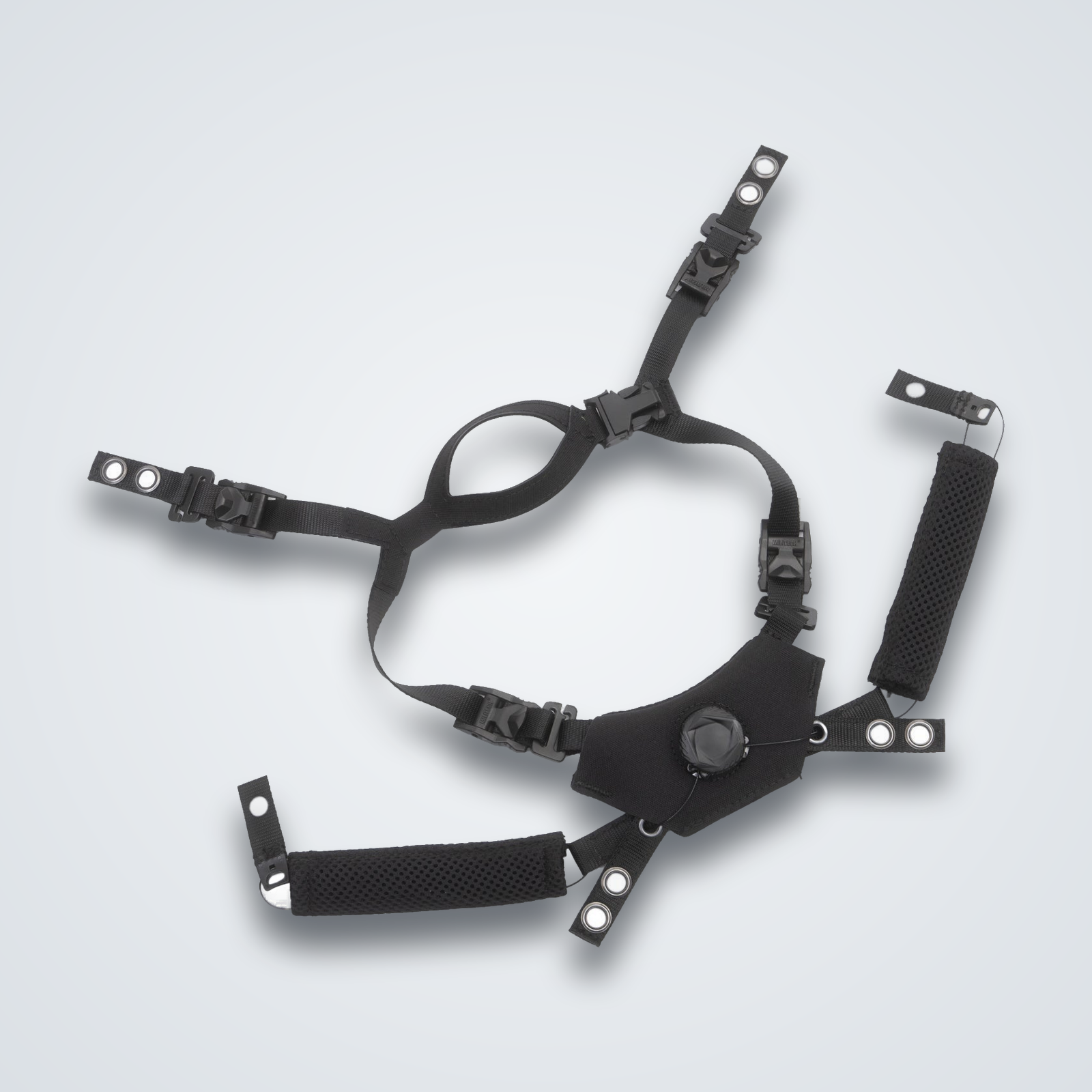 4-point ballistic helmet retention harness with padded chin cup