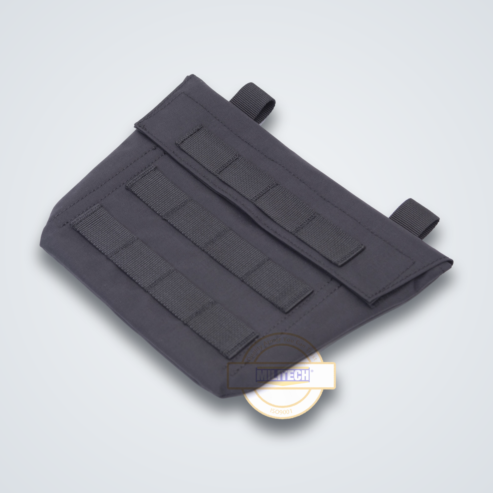 Black tactical MOLLE groin pouch platform for plate carrier