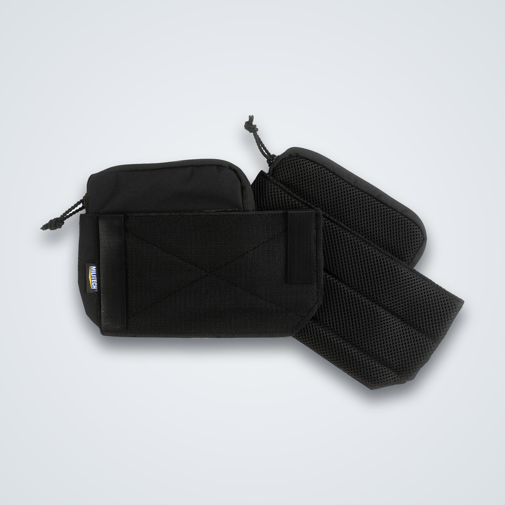 Black side bucket pouch and panel caps, plate carrier