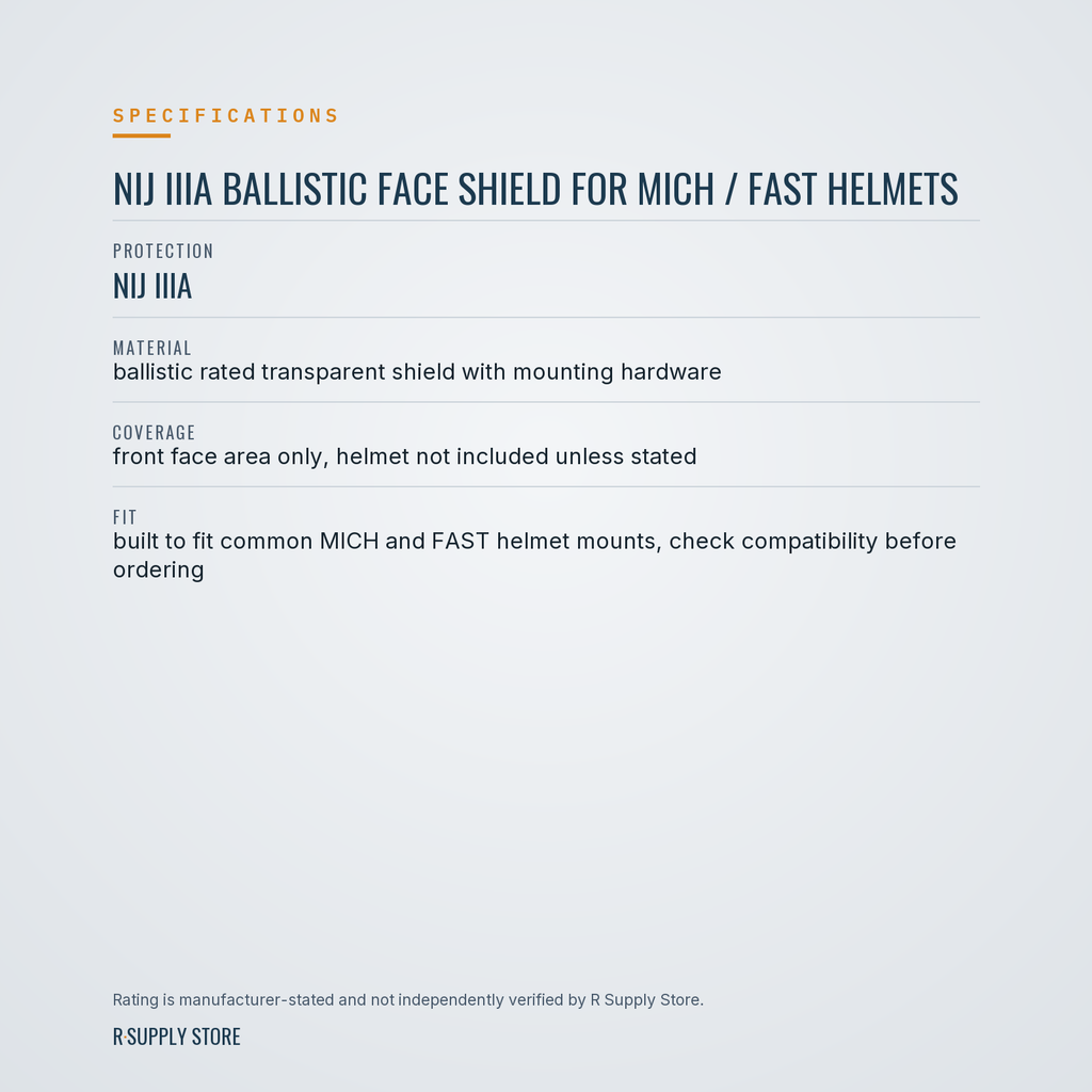 NIJ IIIA Ballistic Face Shield for MICH / FAST Helmets specifications