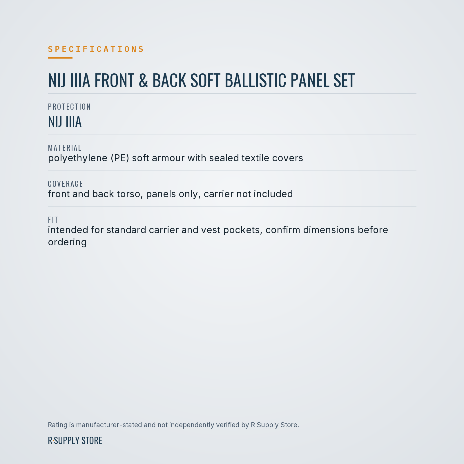 NIJ IIIA Front & Back Soft Ballistic Panel Set specifications