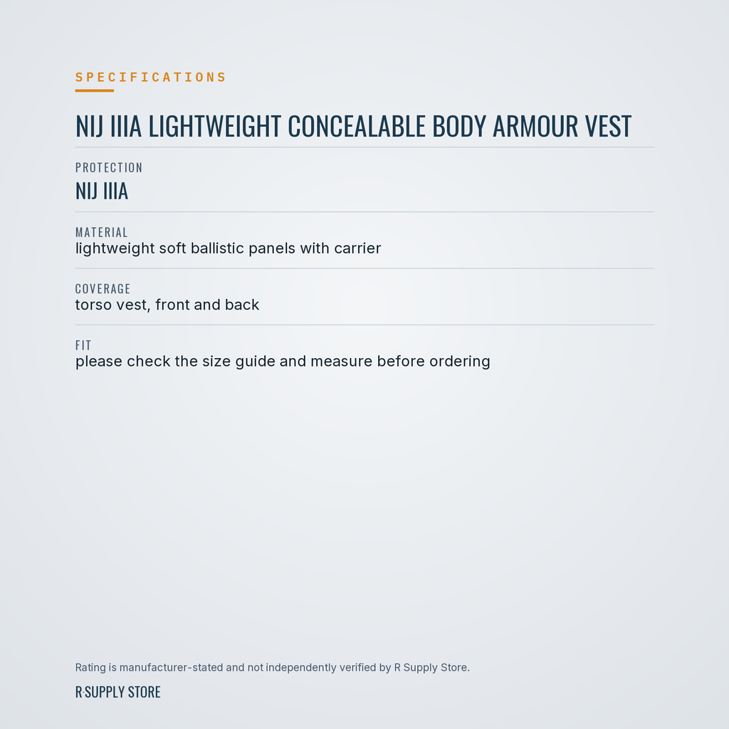 NIJ IIIA Lightweight Concealable Body Armour Vest specifications