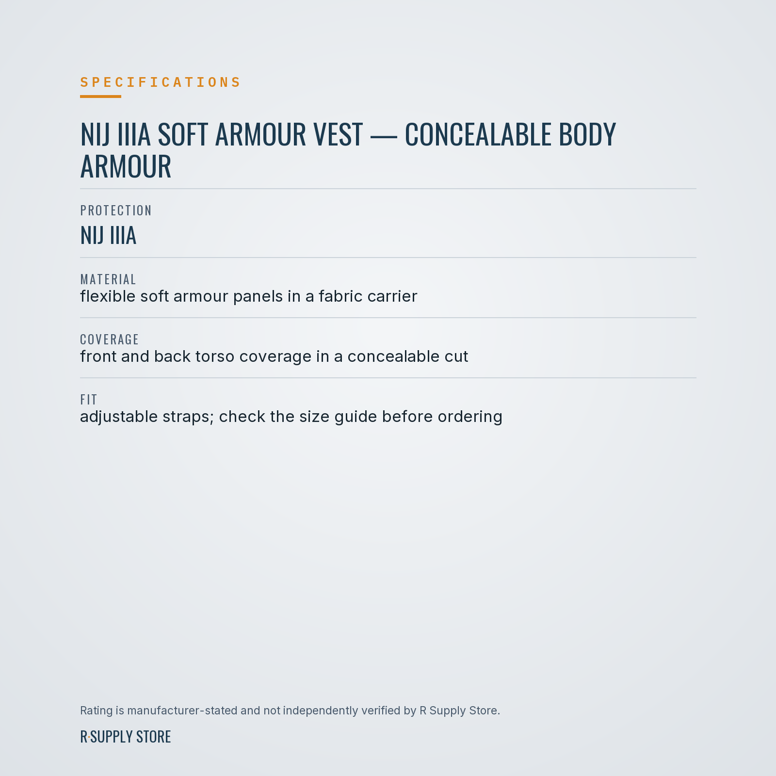 NIJ IIIA Soft Armour Vest — Concealable Body Armour specifications